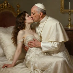 photography of a pope kissing a sensual woman in a bedroom, deep focus, elegant, highly detailed, digital painting, artstation, concept art, matte, sharp focus, illustration, art by artgerm and greg rutkowski and alphonse mucha