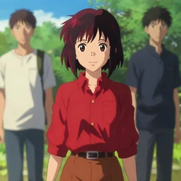 makoto shinkai, artgerm, ilya kuvshinov, steampunk beautiful anime woman, red shirt brown pants, black and red hair hair, symmetrical face, symmetrical eyes, full round face, short smile, detailed, summer setting, cinematic lighting
