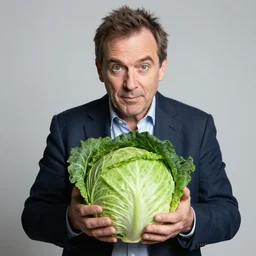 a middle - aged british comedian and political commentator marrying a head of cabbage