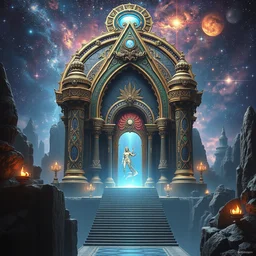 the temple of transcendence highly ornate, metaphysical utopia, stargate portal, parallax poster composition, painting like genesis ii by john stephens, galaxy background, peter mohrbacher, high details, secondary colours, 3 d artstation, artgerm, 3 d octane render, hyper realistic