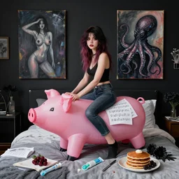 a portrait in a female artist's bedroom, black walls, emo girl riding an inflatable pig, sheet music, berries, surgical supplies, pancakes, black flowers, sensual, octopus, neo - expressionism, surrealism, acrylic and spray paint and oilstick on canvas