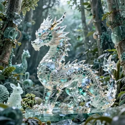 crystal dragon in jade jungle with mystical animals, high quality 4k, trending on artstation