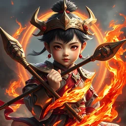 a masterpiece portrait of nezha, legendary, cute kid holding spear and feets on the fire halo, cinematic, chinese armor, fantasy character portrait, highly detailed, digital painting, trending on artstation, d & d, sharp focus, illustration, dynamic pose, by ne zha ( 2 0 1 9 ), fenghua zhong, new gods : nezha reborn ( 2 0 2 1 ), i am nezha ( 2 0 1 6 ), greg rutkowski, top lighting, dof