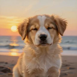 a cute puppy on a windy day at the sea, eyes closed, wind through its fur, highly detailed, hyperrealistic, intricate, sunset in the background, rays of golden sunlight, oil painting by greg rutkowski and artgerm and wlop