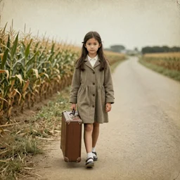 Young girl wearing a coat and had with suitcase on a rural road near with cornfields on either side. Image in old dirty paper style, vintage