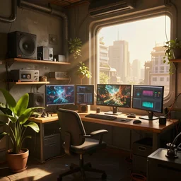 detailed scifi artstation scene of a complex computer workstation in a small studio apartment room, single potted plant, many monitors, many electronics, a window view of the city, maximalism, volumetric light, sunny amber morning light, sun beam, cinematic composition, unreal engine, hyperrealism, realistic shading, blender render, photorealistic, wide shot