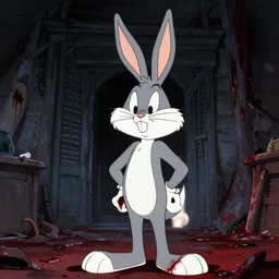 Bugs Bunny in a 80's horror movie, horror, bloody, scary, realistic
