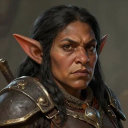 masterpiece closeup portrait of a Dwarf woman with dark skin, wearing adventuring gear, by Greg Rutkowski, 4k, matte painting, dungeons and dragons, detailed