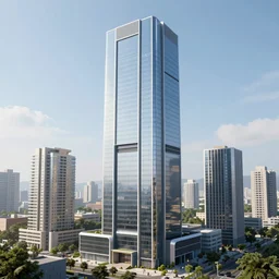 futuristic skyscraper with large windows surrounded with smaller buildings, sunny day, hyperdetailed, sharp, artstation, 3 d render, ray tracking