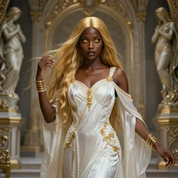 Full portrait of a young Mesmer Lady, pearl white robes with golden details, alluring, detailed face, dark brown skin, supernatural golden eyes, golden straight hair, bracelets, floating, spellcasting, statues and an altar filling the background, SINGLE CHARACTER!, highly detailed, high fantasy, dnd, d&d, dungeons and dragons, smooth, sharp focus, no extra characters, realistic, digital illustration, by Krenz Cushart and Artem Demura and alphonse mucha, artstation, HD, 4K, midjourney