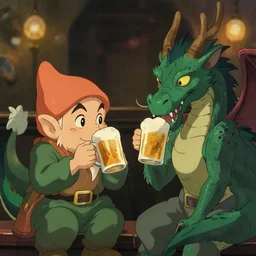 a dwarf and a dragon drinking a beer together | gapmoe kuudere moody lighting stunning bokeh highlights sharp contrast | trending pixiv fanbox | by greg rutkowski makoto shinkai takashi takeuchi studio ghibli