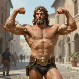 a highly detailed matte portrait painting of a hercules, on a roman street, flexing his muscles, in the style of greg rutkowski and bernie wrightson, digital art, sharp focus, highly realistic, octane render