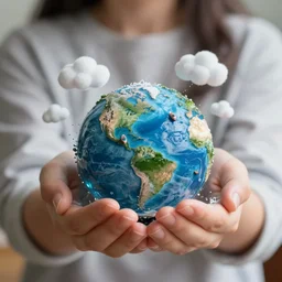 Holding miniature Earth with depth with moving water in Hands, with small clouds floating above miniature earth, small boats on the miniature Earth, 40nm lens, wide angle, shallow depth of field, 4k,