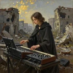 a portrait of a young woman wearing a long dark cloak, performing on an various esoteric looking electronic music devices and an enormous modular synthesizer rig amidst the ruins of deserted and decaying city, oil painting, matte painting, Volumetric Golden dappled dynamic lighting, Highly Detailed, Cinematic Lighting, Unreal Engine, 8k, HD, by Beksinski