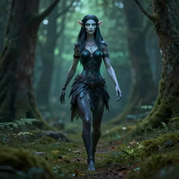 faerie ravenfolk woman wandering in the woods. safe for work, complementary colors, professional photography, matte painting, luminescent, 3 d render, 4 k, rimlight.