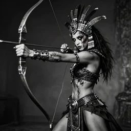 fight, aztec goddes fights with futuristic bow, vertical composition, inspired by monster hunter and dark fantasy and fashion, beautiful  body, clean brutal blooded  symmetrical face,  brutal bloody  and sluty make up, epic,dramatic lighting, cinematic, establishing shot, extremely high detail, photorealistic,  brutal, provocative , cinematic lighting, artstation, octane render, dark fantasy ,old photo, vintage, black and white, Boris vallejo