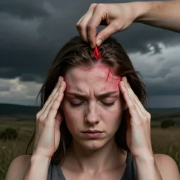 headache being physically pulled out of a girl's head, red veins being pulled out of forehead, surreal photograph