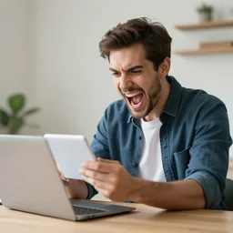 a man checking his email while screaming