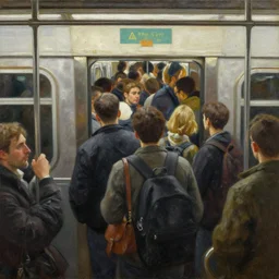 an enormous crowd of people leaving the subway car, oil painting