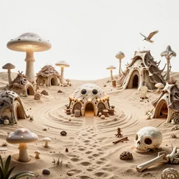 centered detailed alien beach with glowing mushrooms, huts made of bone, art by jean giraud and moebius, realistic, expressive emotions, intricate textures cold colours