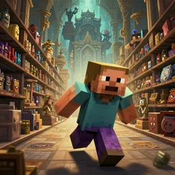 portrait of a minecraft world of zombies movie poster chasing huggy wuggy, deep focus, shopping aisle, league of legends, d & d, fantasy, intricate, elegant, highly detailed, digital painting, artstation, concept art, matte, sharp focus, illustration, hearthstone, art by artgerm and greg rutkowski and alphonse mucha