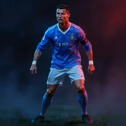 ronaldo luis nazario da lima, football player, blue red light, haze, low contrast, digital painting, artstation, concept art, smooth, sharp focus, illustration, art by artgerm and greg rutkowski and alphonse mucha