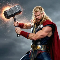 a photo of Thor getting hit by his hammer, Parti