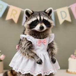 a portrait photo of a beautiful racoon wearing a dress, hanging party decorations
