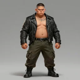 concept art of a masculine!! stocky buff chubby filipino woman wearing leather jacket, cargo pants, tattoos, clothed, buzzcut, snarl, badass, trending on art station