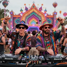 two pyschedelic wizard dj's performing at an interdimensional rave