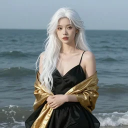portrait of a beautiful woman with long white hair in a black dress standing in the ocean, very beautiful style, she is wrapped in gold, photorealism john singer sargent