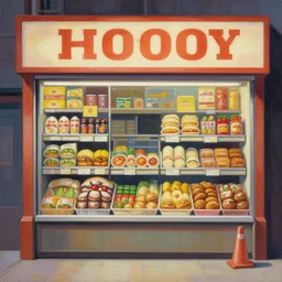 a painting of a store with a lot of food, a photorealistic painting by Simon Stålenhag, featured on cgsociety, photorealism, 2d game art, hyper-realistic, hyper realism