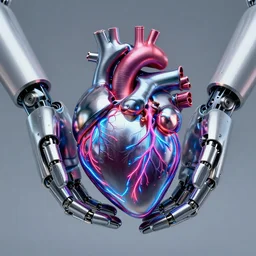 a robot heart, metallic, neon veins, held by articulated robot hands, hyper detailed, high quality, studio photography