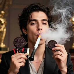 a movie producer - oreo cookie smoking a milky bong, milk bong being smoked by a movie producer cookie, beautiful lighting, award winning, high resolution portrait, digital art trending on artstation