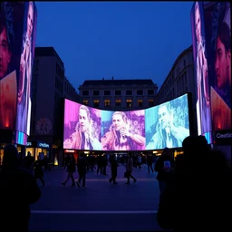 3 d 🥓 popping out of curved screens, town square, volumetric lighting, creterion collection, shot on 7 0 mm, instax