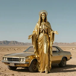 golden shiny skeleton virgin Mary. Mad max car. Barren land.