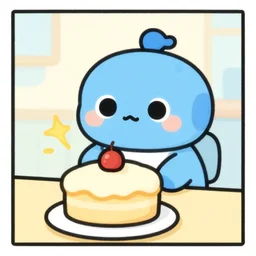 short cartoon strip, blue cute robot bakes a cake but cannot eat it