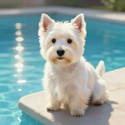 short - haired west highland white terrier sitting by a pool, bright, reflections, intricate, sharp focus, lens flare, bloom, illustration, highly detailed, digital painting, concept art, matte, art by ruan jia and wlop and greg rutkowski, masterpiece