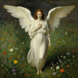angel of death looking at you in distance in beautiful meadow of flowers, detailed painting by rene magritte