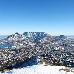 view from table mountain to a snowy cape town