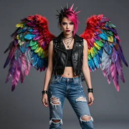 a punk angel with multicolored wings dressed in a sleeveless leather jacket, and ripped jeans trending on artstation deviantart pinterest furaffinity detailed realistic hd 8 k high resolution