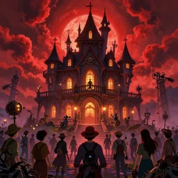 crowd of people, haunted mansion, red clouds, steampunk!!!! grainy texture, infographic with illustrations, glowing lights, epic fantasy, colorfully, digital art, highly saturated colors, concept art, detailed illustration, hd, 4 k, digital art, greg rutkowski, dan mumford, studio ghibli trending on artstation