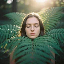 An analog head and shoulder frontal face portrait photography of a woman behind multiple big!! fern! leaves by Oleg Oprisco. Long hair. eyes closed. Kodak Portra 800 film. Depth of field. whirl bokeh. Sunshine!!. Golden hour. detailed. hq. realistic. warm light. muted colors. Moody. Filmic. Dreamy. lens flare. Leica M9, f/1.2, symmetrical balance, in-frame