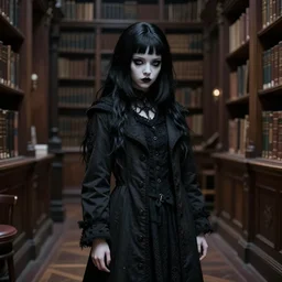 1 4 - year - old pale - skinned persian goth girl, black hair, long bob hair, long coat, psychic girl, old library, gloomy library, hogwarts library, ultra - realistic, sharp details, subsurface scattering, intricate details, cold lighting, highly detailed, photorealistic, octane render, 8 k unreal engine, art by artgerm