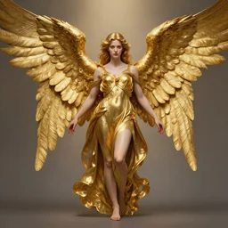 wide angle full body portrait of an angel with a perfect face and perfect body, golden wings, intricate, highly detailed, digital painting, artstation, concept art, smooth, sharp focus, illustration, Unreal Engine 5, 8K, art by artgerm and greg rutkowski and alphonse mucha
