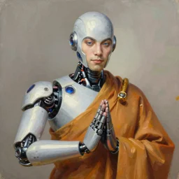 portrait of the robot zen monk zenyatta ( overwatch ), detailed realism in painting, detailed beautiful portrait, oil painting masterpiece, 8 k resolution, smooth, sharp focus, trending on artstation, by rembrandt