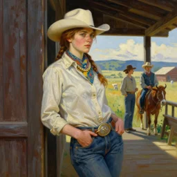 painting of cowgirl leaning up against the door frame of saloon with one thumb hooked on belt loop art by artgerm and greg rutkowski and alphonse mucha