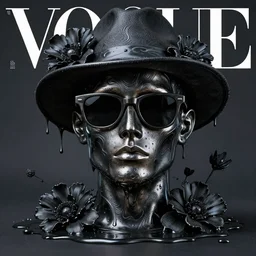 a head made out of melting metal, dark palette, it is wearing sunglasses and a hat, there are flowers all around it, black paint melting, vogue cover style, demonic style, smooth fractal style, rotten style