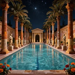 a large tiled swimming pool with many palm trees surrounded by roman architecture columns and statues, underneath a star filled night sky, harold newton, zdzislaw beksinski, donato giancola, warm coloured, gigantic pillars and flowers, maschinen krieger, beeple, star trek, star wars, ilm, atmospheric perspective