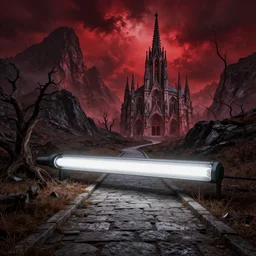 wide angle image, hellish abandoned background landscape, massive mountains, winding stone path leading to a gothic cathedral in the distance, ornate cathedral with detailed features, haunted, haunting, dead trees, stormy red sky, horror, unsettling, fluorescent light, product photography, by gaston bussiere, craig mullins, j. c. leyendecker
